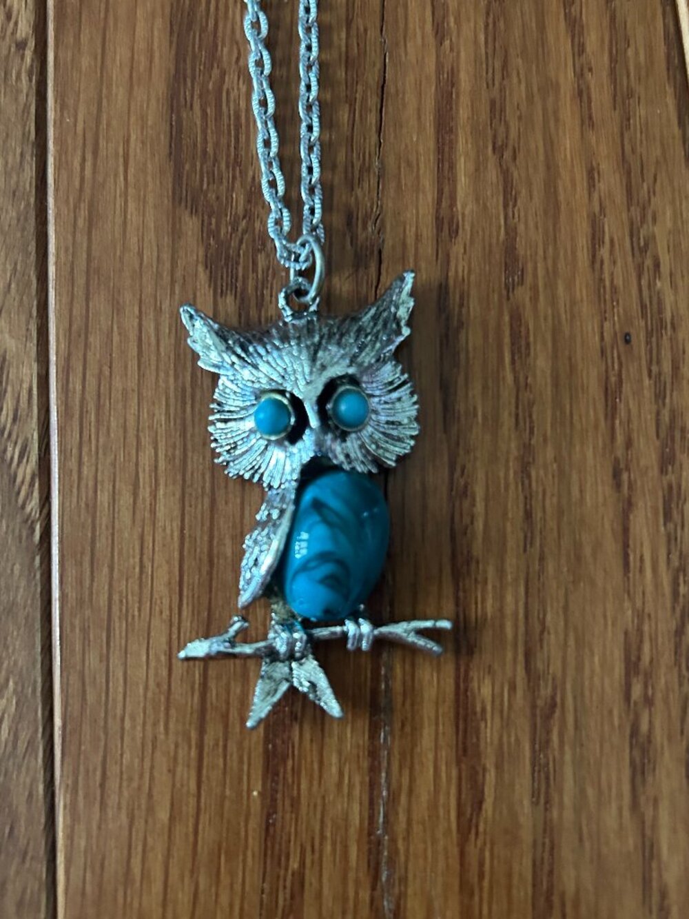 Vintage 1970s Mod Owl Pendant Necklace • Silver & Faux Turquoise Jelly Belly